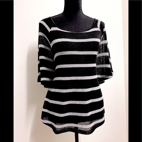 INC Black & Silver, Boatneck, Shimmery, Striped, Flowy, 3/4 Sleeve Shirt - Picture 5 of 15